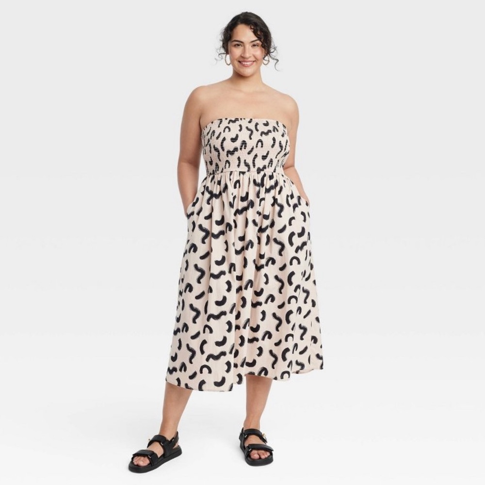 NWT - a new day - Women’s Strapless Smocked Tube Sundress - Tan/Black